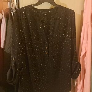 Zac & Rachel size 2x blouse Black with gold dots 3 buttons on front.